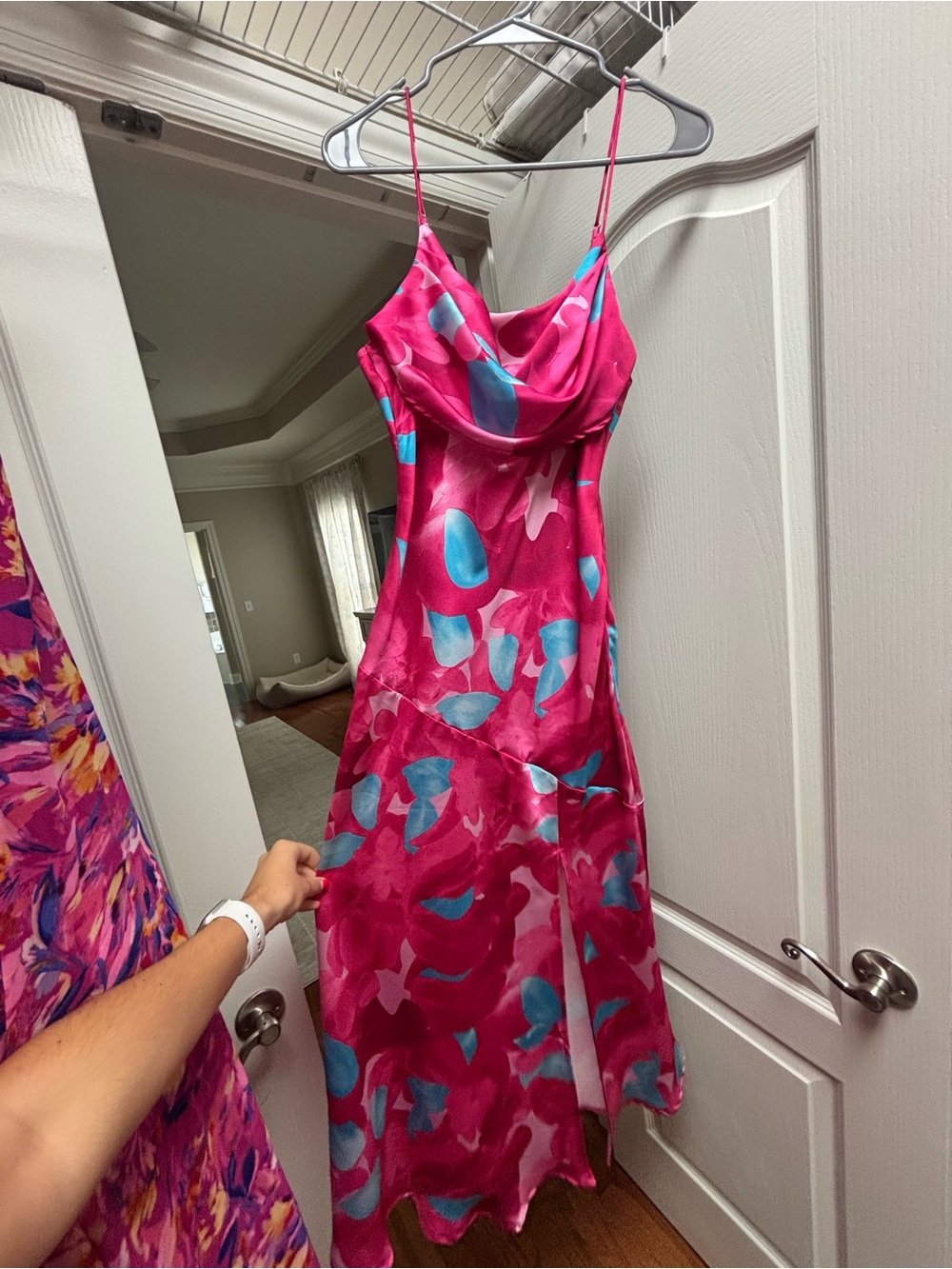 Hello Molly Pink & Blue Satin Cowl Midi Dress